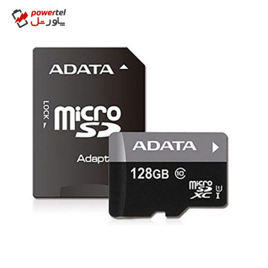 کارت حافظه microSDXC ای دیتا مدل Premier کلاس 10 استاندارد UHS-I U1 سرعت 50MBps همراه با آداپتور SD ظرفیت 128 گیگابایت