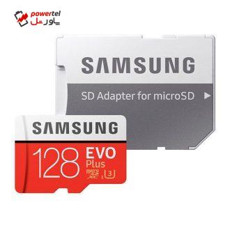 کارت حافظه microSDXC سامسونگ مدل Evo Plus کلاس 10 استاندارد UHS-I U3 سرعت 100MBps ظرفیت 128 گیگابایت به همراه آداپتور SD کارت حافظه microSDXC سامسونگ مدل Evo Plus کلاس 10 استاندارد UHS-I U3 سرعت 100MBps ظرفیت 128 گیگابایت به همراه آداپتور SD