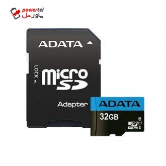 کارت حافظه‌ microSDHC ای دیتا مدل Premier کلاس 10 استاندارد UHS-I U1 سرعت 100MBps ظرفیت 32 گیگابایت به همراه آداپتور SD