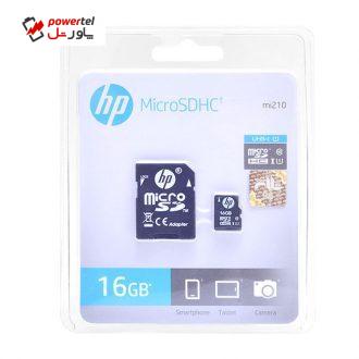 کارت حافظه microSDHC اچ پی مدل mi210 کلاس 10 استاندارد UHS-I U1 همراه با آداپتور SD ظرفیت 16 گیگابایت
