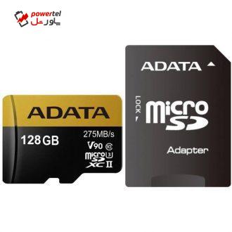 کارت حافظه microSDXC ای دیتا مدل Premier ONE V90 کلاس 10 استاندارد UHS-II U3 سرعت 275MBps همراه با آداپتور SD ظرفیت 128 گیگابایت کارت حافظه microSDXC ای دیتا مدل Premier ONE V90 کلاس 10 استاندارد UHS-II U3 سرعت 275MBps همراه با آداپتور SD ظرفیت 128 گیگابایت