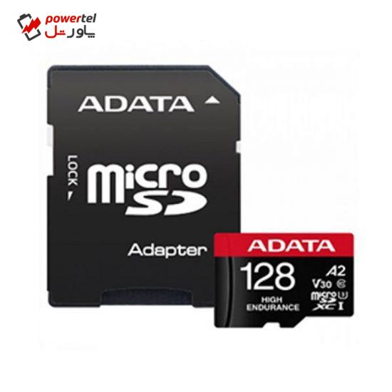 کارت حافظه   microSD  ای دیتا مدل HIGH ENDURANCE کلاس A2 V30 استاندارد UHS-I U3 سرعت 100MBps ظرفیت 128 گیگابایت به همراه آداپتور SD