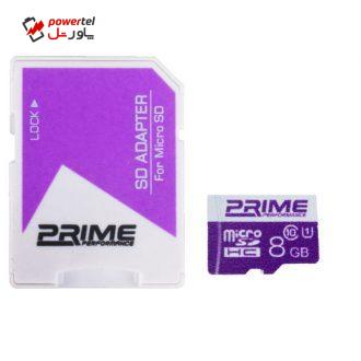 کارت حافظه microSDHC پرایم کلاس 10 استاندارد UHS-I U1 سرعت 85MBps همراه با آداپتور SD ظرفیت 8 گیگابایت