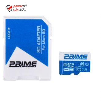 کارت حافظه microSDHC پرایم کلاس 10 استاندارد UHS-I U1 سرعت 48MBps همراه با آداپتور SD ظرفیت 16 گیگابایت