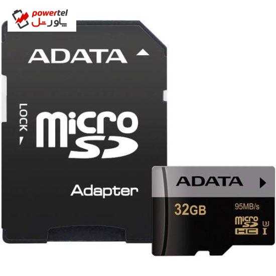 کارت حافظه‌ microSDHC ای دیتا مدل Premier Pro کلاس 10 استاندارد UHS-I U3 سرعت 95MBps به همراه آداپتور SD ظرفیت 32 گیگابایت