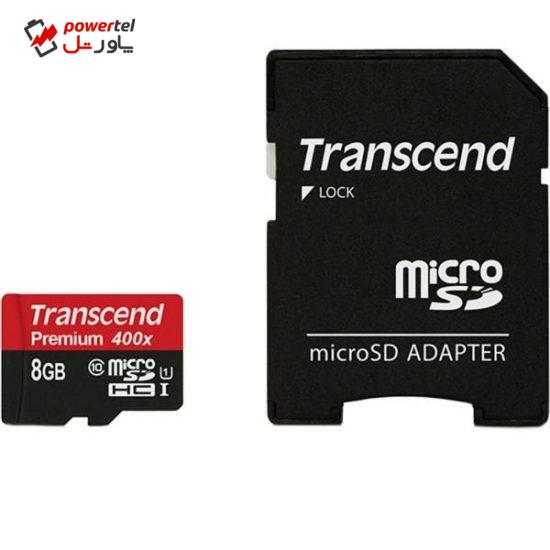 کارت حافظه microSDHC ترنسند مدل Premium کلاس 10 استاندارد UHS-I U1 سرعت 60MBps 400X همراه با آداپتور SD ظرفیت 8 گیگابایت