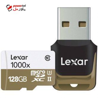 کارت حافظه microSDXC لکسار مدل Professional کلاس 10 استاندارد UHS-II U3 سرعت 1000X همراه با ریدر USB 3.0 ظرفیت 128 گیگابایت