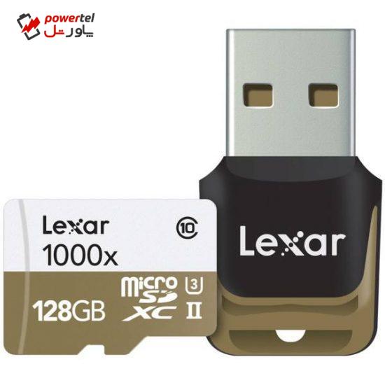 کارت حافظه microSDXC لکسار مدل Professional کلاس 10 استاندارد UHS-II U3 سرعت 1000X همراه با ریدر USB 3.0 ظرفیت 128 گیگابایت