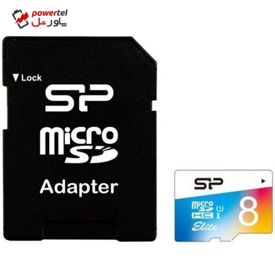 کارت حافظه microSDHC سیلیکون پاور مدل Color Elite کلاس 10 استاندارد UHS-I U1 سرعت 85MBps همراه با آداپتور SD ظرفیت 8 گیگابایت