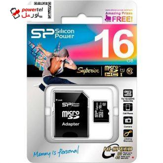 کارت حافظه microSDHC سیلیکون پاور مدل Superior کلاس 10 استاندارد UHS-I U1 سرعت 90MBps همراه با آداپتور SD ظرفیت 16 گیگابایت