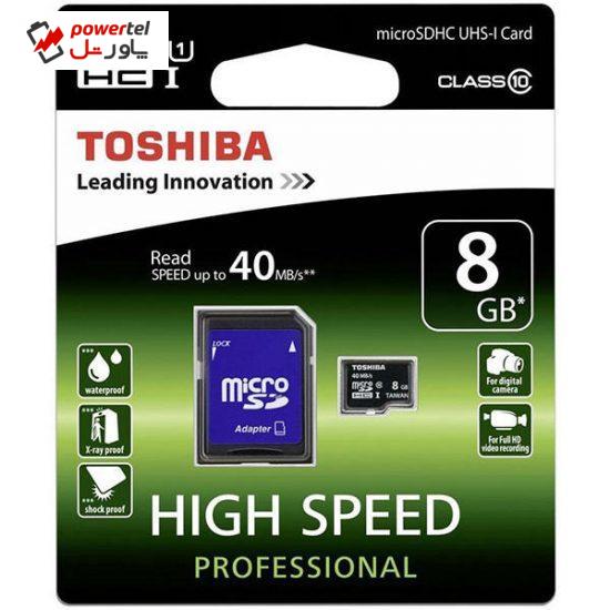 کارت حافظه microSDHC توشیبا مدل High Speed Professional کلاس 10 استاندارد UHS-I U1 سرعت 40MBps همراه با آداپتور SD ظرفیت 8 گیگابایت