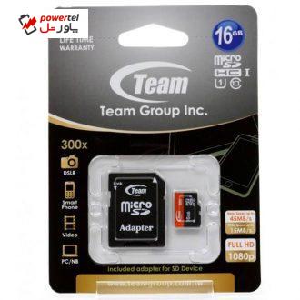 کارت حافظه microSDHC تیم گروپ کلاس 10 استاندارد UHS-I U1 سرعت 45MBps به همراه آداپتور SD ظرفیت 16 گیگابایت کارت حافظه microSDHC تیم گروپ کلاس 10 استاندارد UHS-I U1 سرعت 45MBps به همراه آداپتور SD ظرفیت 16 گیگابایت