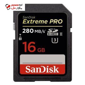 کارت حافظه SDHC سن دیسک مدل Extreme Pro کلاس 10 استاندارد UHS-II U3 سرعت 1867X 280MBps ظرفیت 16 گیگابایت کارت حافظه SDHC سن دیسک مدل Extreme Pro کلاس 10 استاندارد UHS-II U3 سرعت 1867X 280MBps ظرفیت 16 گیگابایت