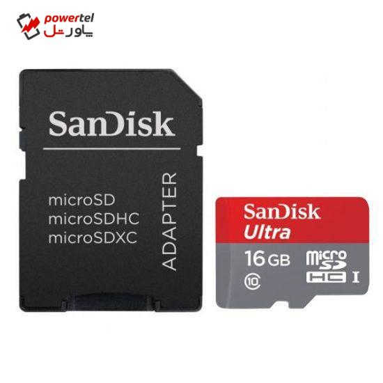کارت حافظه microSDHC سن دیسک مدل Ultra کلاس 10 استاندارد UHS-I U1 سرعت 80MBps همراه با آداپتور ظرفیت 16 گیگابایت