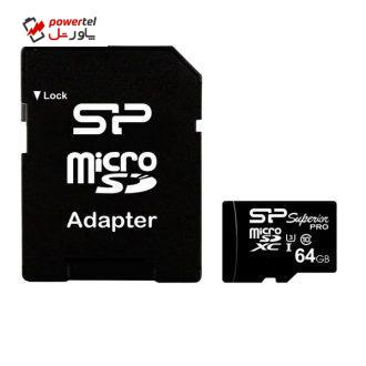 کارت حافظه microSDXC سیلیکون پاور مدل Superior Pro کلاس 10 استاندارد UHS-I U3 سرعت 90MBps همراه با آداپتور SD ظرفیت 64 گیگابایت