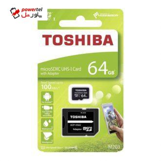 کارت حافظه microSDXC توشیبا مدل M203 کلاس 10 استاندارد UHS-I U1 سرعت 100MBps ظرفیت 64 گیگابایت  همراه با آداپتور