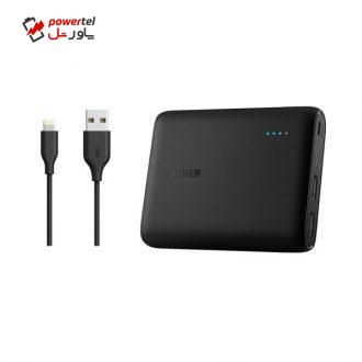 شارژر همراه انکر مدل A1214 PowerCore ظرفیت 10400 میلی آمپر ساعت به همراه کابل تبدیل USB به لایتنینگ انکر مدل A8111 PowerLine به طول 90 سانتی متر