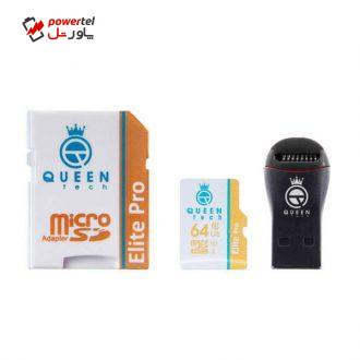 کارت حافظه microSDXC کوئین تک مدل +Elite pro 566X کلاس 10 استاندارد UHS-I U3 سرعت 85MBps ظرفیت 64 گیگابایت به همراه آداپتور SD و کارت خوان کارت حافظه microSDXC کوئین تک مدل +Elite pro 566X کلاس 10 استاندارد UHS-I U3 سرعت 85MBps ظرفیت 64 گیگابایت به همراه آداپتور SD و کارت خوان