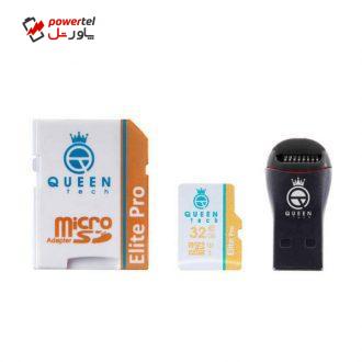 کارت حافظه microSDHC کوئین تک مدل +Elite pro 566X کلاس 10 استاندارد UHS-I U3 سرعت 85MBps ظرفیت 32 گیگابایت به همراه آداپتور SD و کارت خوان کارت حافظه microSDHC کوئین تک مدل +Elite pro 566X کلاس 10 استاندارد UHS-I U3 سرعت 85MBps ظرفیت 32 گیگابایت به همراه آداپتور SD و کارت خوان