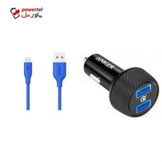 شارژر فندکی انکر مدل A2228 PowerDrive Speed 2 Ports With Quick Charge 3.0 به همراه کابل تبدیل microUSB