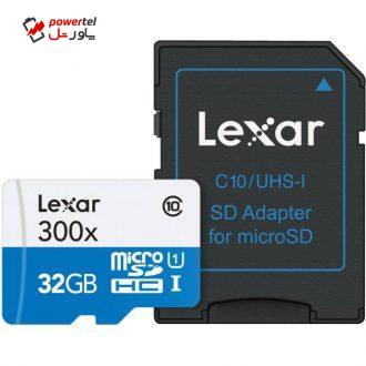کارت حافظه‌ microSDHC لکسار مدل High-Performance کلاس 10 استاندارد UHS-I U1 سرعت 45MBps 300X همراه با آداپتور SD ظرفیت 32 گیگابایت