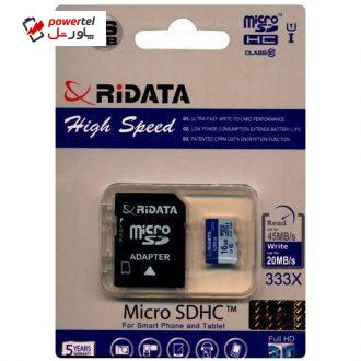 کارت حافظه microSDHC ری دیتا مدل High Speed کلاس 10 استاندارد UHS-I U1 سرعت 45MBps 333X ظرفیت 16 گیگابایت کارت حافظه microSDHC ری دیتا مدل High Speed کلاس 10 استاندارد UHS-I U1 سرعت 45MBps 333X ظرفیت 16 گیگابایت