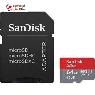 کارت حافظه microSDXC سن دیسک مدل Ultra A1 کلاس 10 استاندارد UHS-I سرعت 100MBps ظرفیت 64 گیگابایت به همراه آداپتور