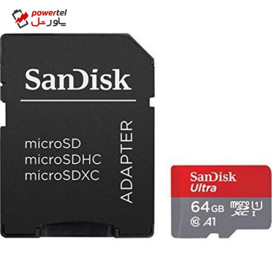 کارت حافظه microSDXC سن دیسک مدل Ultra A1 کلاس 10 استاندارد UHS-I سرعت 100MBps ظرفیت 64 گیگابایت به همراه آداپتور