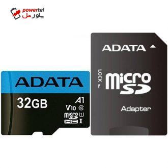 کارت حافظه microSDHC ای دیتا مدل Premier V10 A1 کلاس 10 استاندارد UHS-I سرعت 85MBps همراه با آداپتور SD ظرفیت 32 گیگابایت