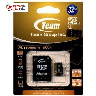 کارت حافظه microSDHC تیم گروپ مدل Extreem کلاس 10 استاندارد UHS-I U3 سرعت 90MBps 600X به همراه آداپتور SD ظرفیت 32 گیگابایت