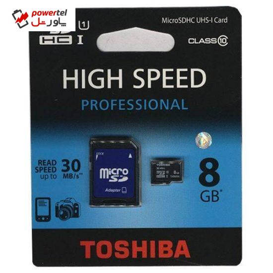 کارت حافظه microSDHC توشیبا مدل High Speed Professional کلاس 10 استاندارد UHS-I U1 سرعت 30MBps همراه با آداپتور SD ظرفیت 8 گیگابایت