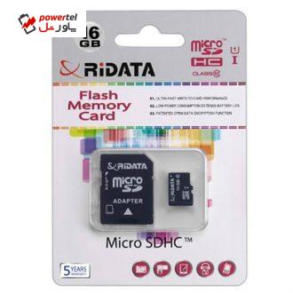 کارت حافظه microSDHC ری دیتا مدل High Speed کلاس 10 استاندارد UHS-I U1 به همراه آداپتور SD ظرفیت 16 گیگابایت