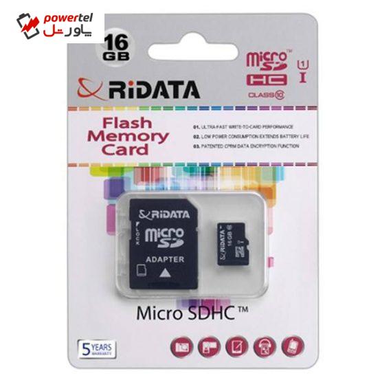 کارت حافظه microSDHC ری دیتا مدل High Speed کلاس 10 استاندارد UHS-I U1 به همراه آداپتور SD ظرفیت 16 گیگابایت