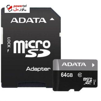 کارت حافظه‌ microSDXC ای دیتا مدل Premier کلاس 10 استاندارد UHS-I U1 سرعت 50MBps همراه با آداپتور SD ظرفیت 64 گیگابایت