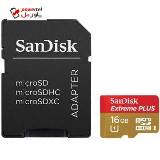 کارت حافظه MicroSDHC سن دیسک مدل Extreme Plus کلاس 10 استاندارد UHS-I U1 سرعت 80MBps 533X همراه با آداپتور SD ظرفیت 16 گیگابایت کارت حافظه MicroSDHC سن دیسک مدل Extreme Plus کلاس 10 استاندارد UHS-I U1 سرعت 80MBps 533X همراه با آداپتور SD ظرفیت 16 گیگابایت