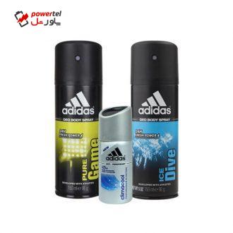 اسپری خوشبو کننده بدن مردانه آدیداس مدل Ice Dive و Pure Game حجم 150 میلی لیتر به همراه اسپری مدل climacool حجم 30 میلی لیتر