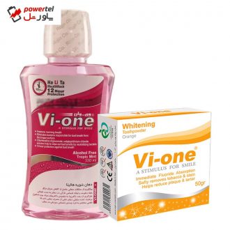 دهان شویه وی وان مدل هالیتا حجم 330 میلی لیتر به همراه پودر سفید کننده مدل orange وزن 50 گرم