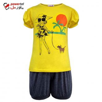 ست تی شرت و شلوارک دخترانه افراتین مدل دختر ساحلی رنگ زرد