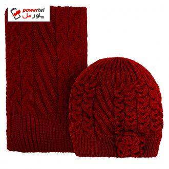 ست کلاه و شال گردن بافتنی دخترانه مدل 60318 رنگ زرشکی