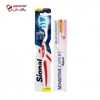 مسواک سیگنال مدل Triple Protection با برس متوسط به همراه  خمیر دندان سیگنال مدل Gum Care وزن 100 گرم