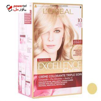 کیت رنگ مو لورآل مدل Excellence شماره 10 حجم 48 میلی لیتر رنگ بلوند خیلی روشن کیت رنگ مو لورآل مدل Excellence شماره 10 حجم 48 میلی لیتر رنگ بلوند خیلی روشن