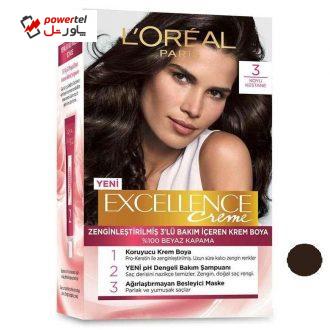 کیت رنگ مو لورآل مدل Excellence شماره 3 حجم 48 میلی لیتر رنگ قهوه ای تیره کیت رنگ مو لورآل مدل Excellence شماره 3 حجم 48 میلی لیتر رنگ قهوه ای تیره