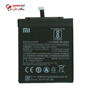 باتری موبایل شیائومی مدل BN34 ظرفیت 2910 میلی آمپر ساعت مناسب برای گوشی موبایل شیائومی Redmi 5A