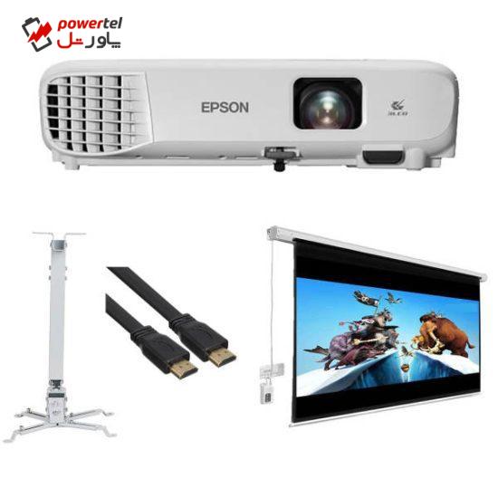 پروژکتور اپسون مدل EB-E01 به همراه پرده نمایش برقی پروژکتور اسکوپ و پایه پروژکتور اسکوپ و کابل HDMI