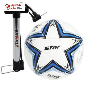 توپ فوتبال سفید آبی  مدل استار همراه با تلمبه سایز 5