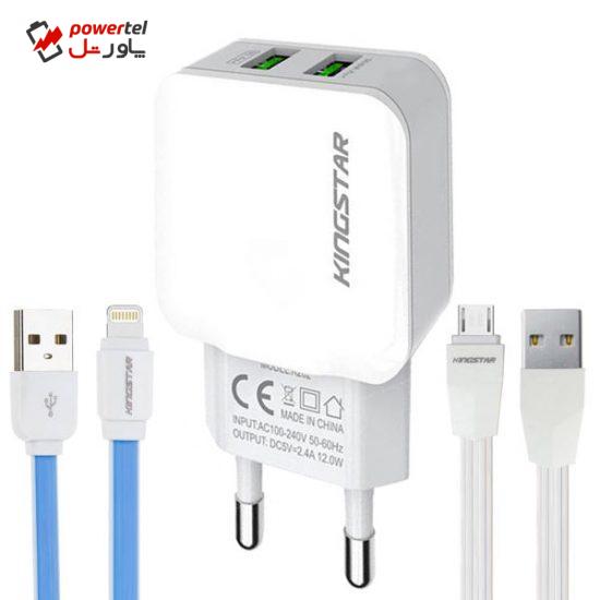 شارژر دیواری کینگ استار مدل K202A به همراه کابل لایتینگ و microUSB