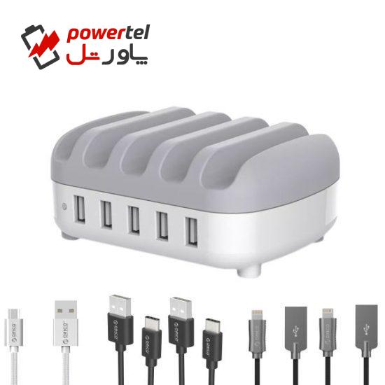 شارژر رومیزی اوریکو مدل DUK-5P کد 122 به همراه 5 کابل