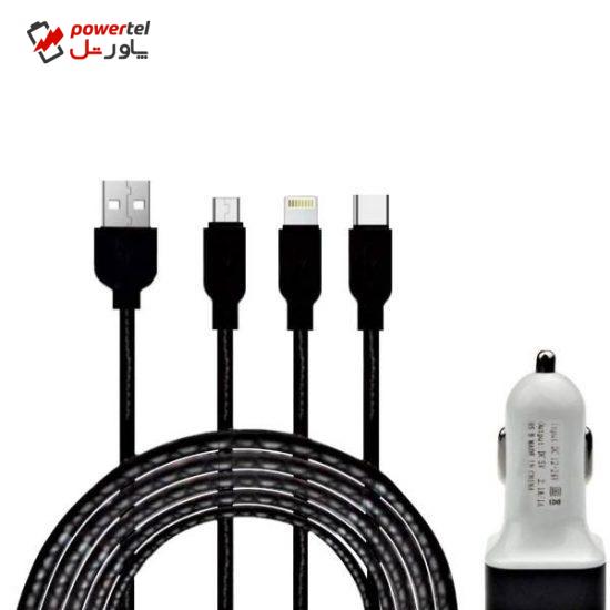 شارژر فندکی مدل D25 به همراه کابل تبدیل microUSB/USB-C/لایتنینگ