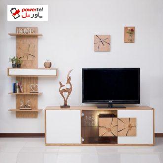 میز تلویزیون صنایع چوبی آذرباد مدل نهال کد B300 به همراه شلف دیواری