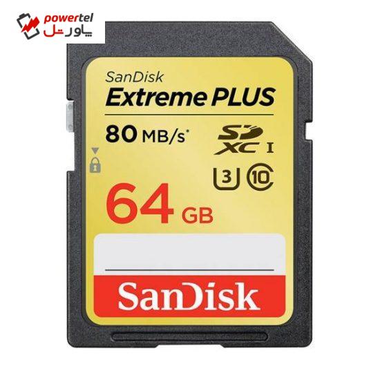 کارت حافظه SDXC سن دیسک مدل  Extreme Plus  کلاس 10 استاندارد UHS-I U3 سرعت 80MBps ظرفیت 64 گیگابایت